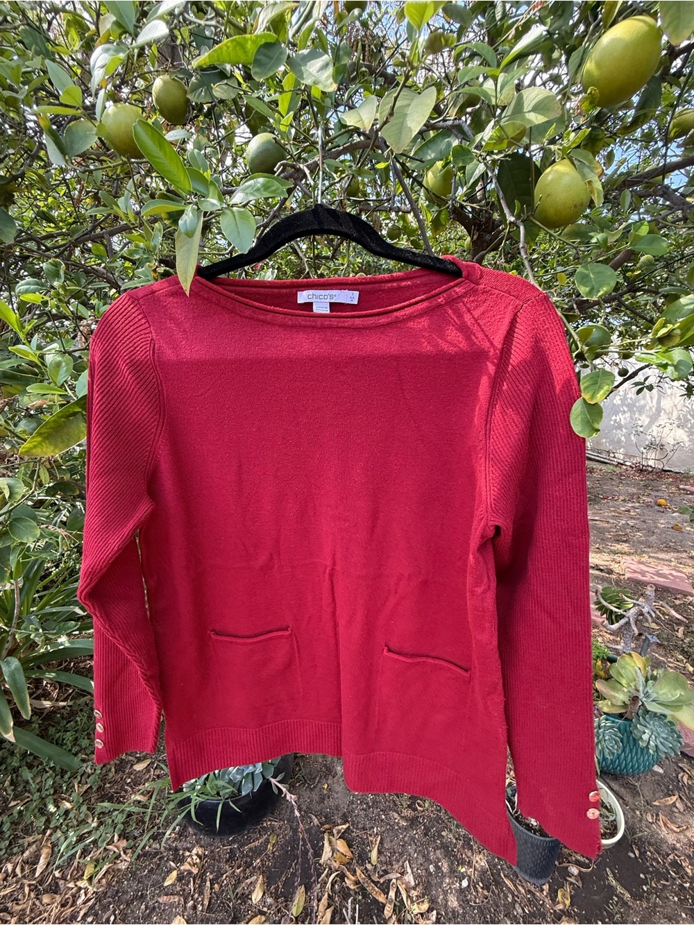 Chico's Deep Red Knit Long-Sleeve Top with Button Cuffs
